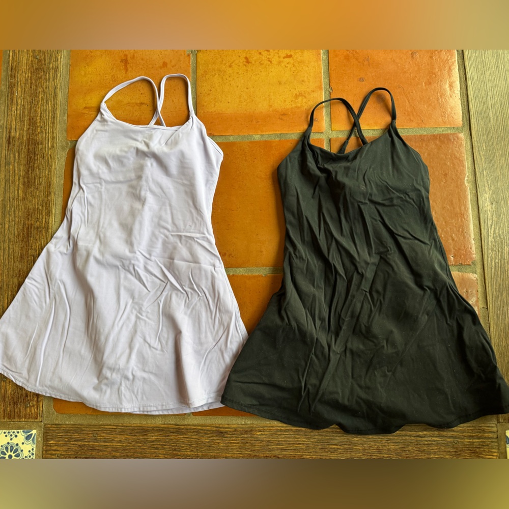 Two spandex tennis dresses, HALARA, built-in bra and shorts lilac black